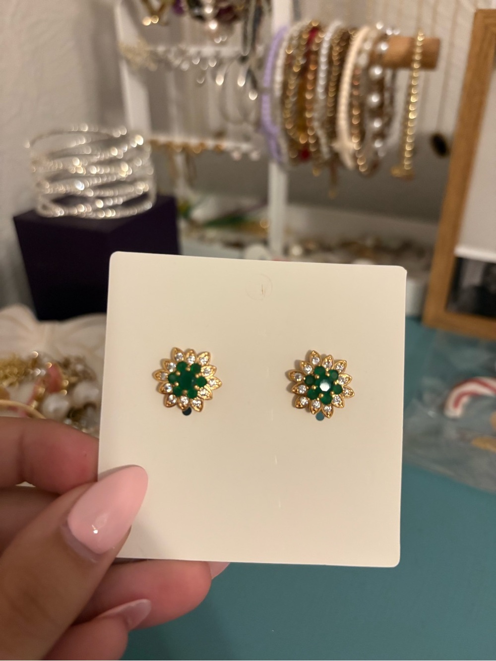 Gold Floral Stud Earrings with Emerald Green Center